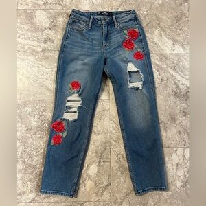 Hollister High Rise Slim Straight Floral Embroidered Distressed Ankle Jeans 3R